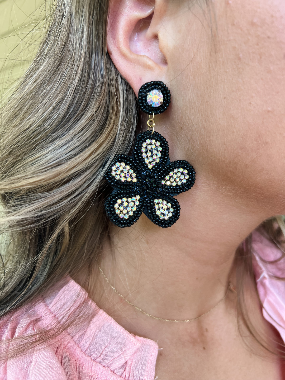 Black and Rhinestone Beaded Flower Earrings