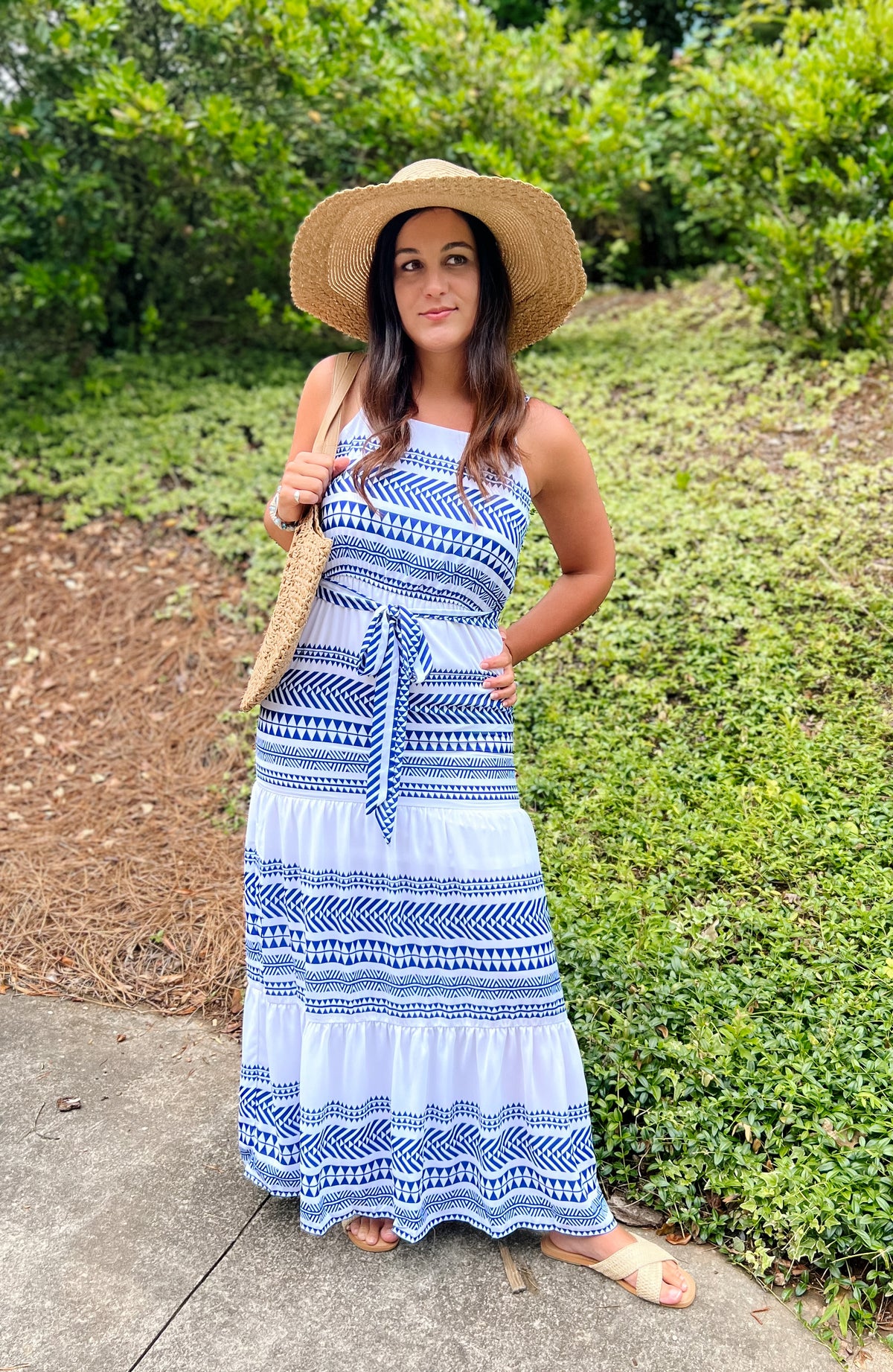 Blue and White Belted Maxi Dress