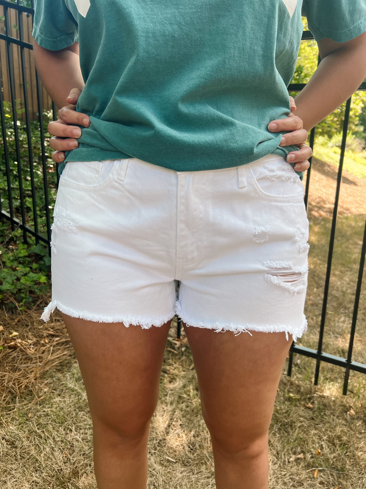 High Rise Distressed White Denim Shorts